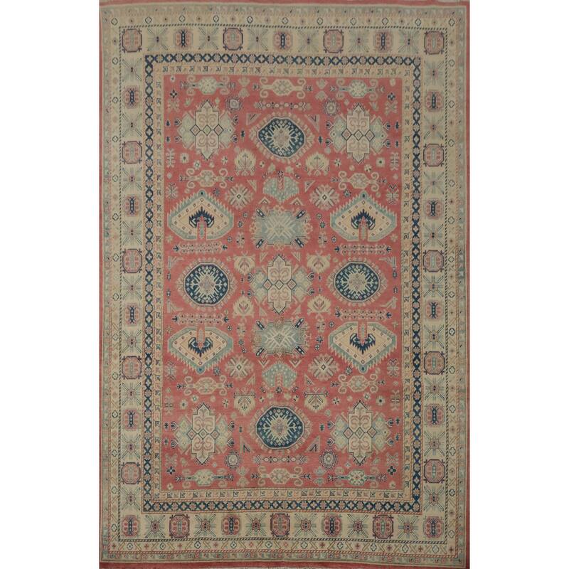 Hand Knotted Oriental 100% Wool Carpet Traditional Geometric Pink Kazak Area Rug - 11' 10'' X 8' 9''