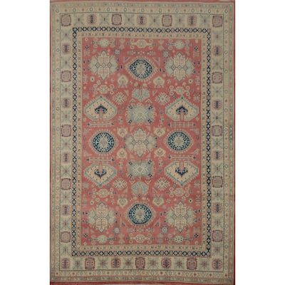 Hand Knotted Oriental 100% Wool Carpet Traditional Geometric Pink Kazak Area Rug - 11' 10'' X 8' 9''