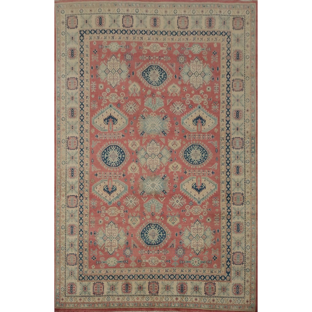 Hand Knotted Oriental 100% Wool Carpet Traditional Geometric Pink Kazak Area Rug - 11' 10'' X 8' 9''