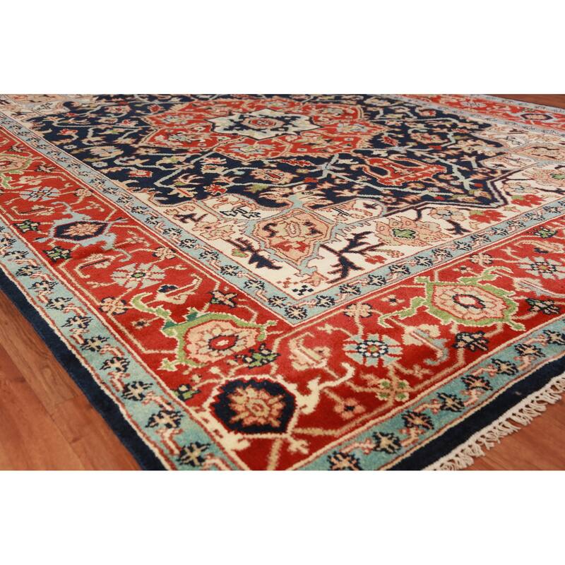 Hand Knotted Oriental 100% Wool Carpet Traditional All-Over Navy Blue & Blues Heriz (serapi) Area Rug - 12' 0'' X 9' 1''