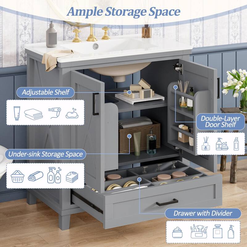 30" Bathroom Vanity - Solid Wood Frame, Single Sink, 2 Soft-Close Doors, Divided Drawer & Dual Storage Shelves