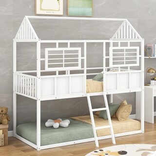 Metal Low Bunk Bed with Fence-shaped Guardrail
