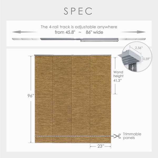 dimension image slide 4 of 13, GoDear Design 99.99% Blackout & Sheer Natural Woven Adjustable Sliding Panel Track Blinds, Vertical Blinds, 45.8"- 86" W x 96" L