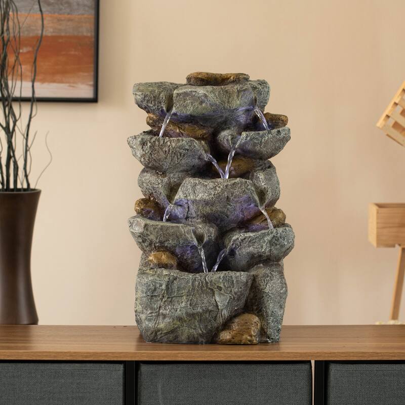 Cascading Electric Powered Rock Water Fountain with LED Lights 18.5" for Indoor and Outdoor Use