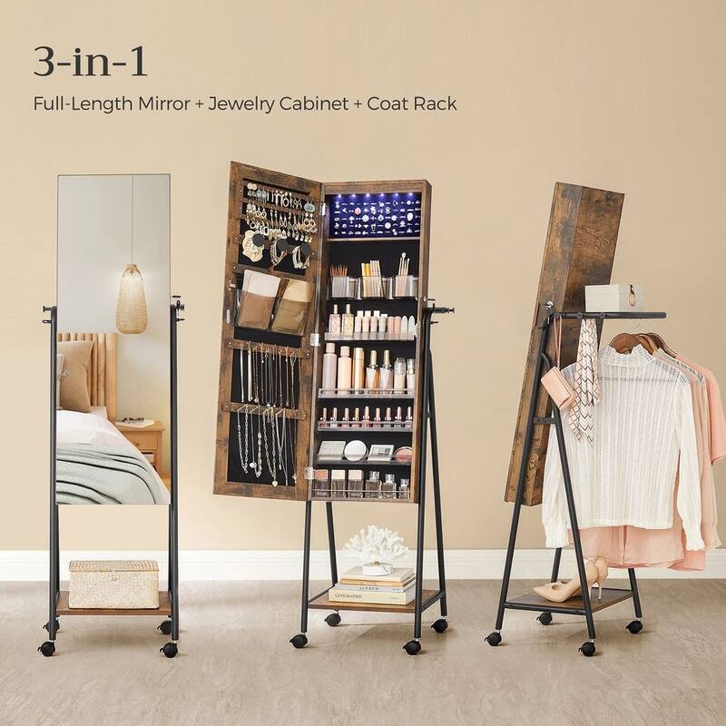 Rustic Brown Standing Lockable Mirror Jewelry Cabinet with 4 Wheels and 6 LED Lights