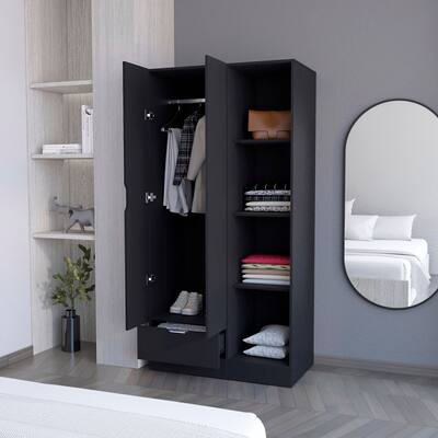 2-Door Armoire with Open Partitions and Drawer and Hanging Rod
