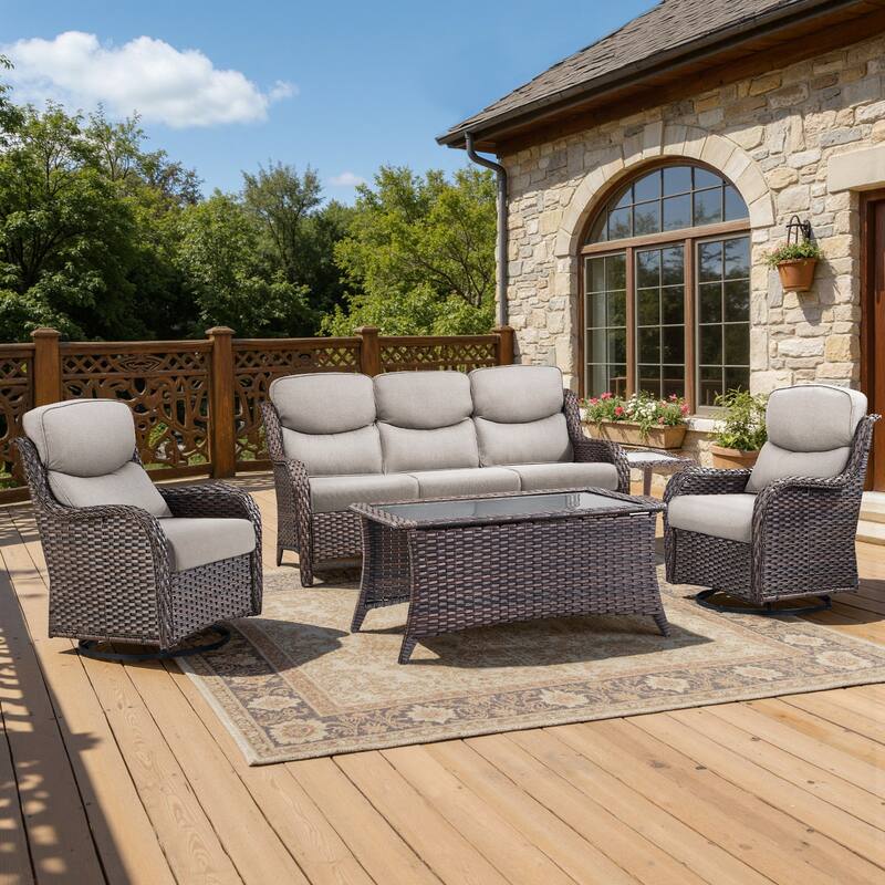 Meyreso 5-Piece Wicker Outdoor Patio Conversation Set with 5-Inch Thick Olefin Cushions - Brown Wicker - Beige Cushions