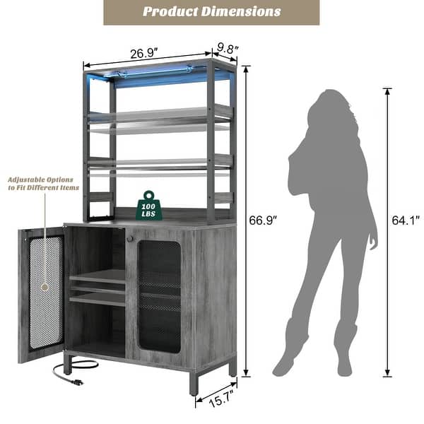 dimension image slide 4 of 5, 66.9'' Tall Modern Wine Cabinet Bar Cabinet with Wine Glasses Rack and LED Strip and Power Outlets