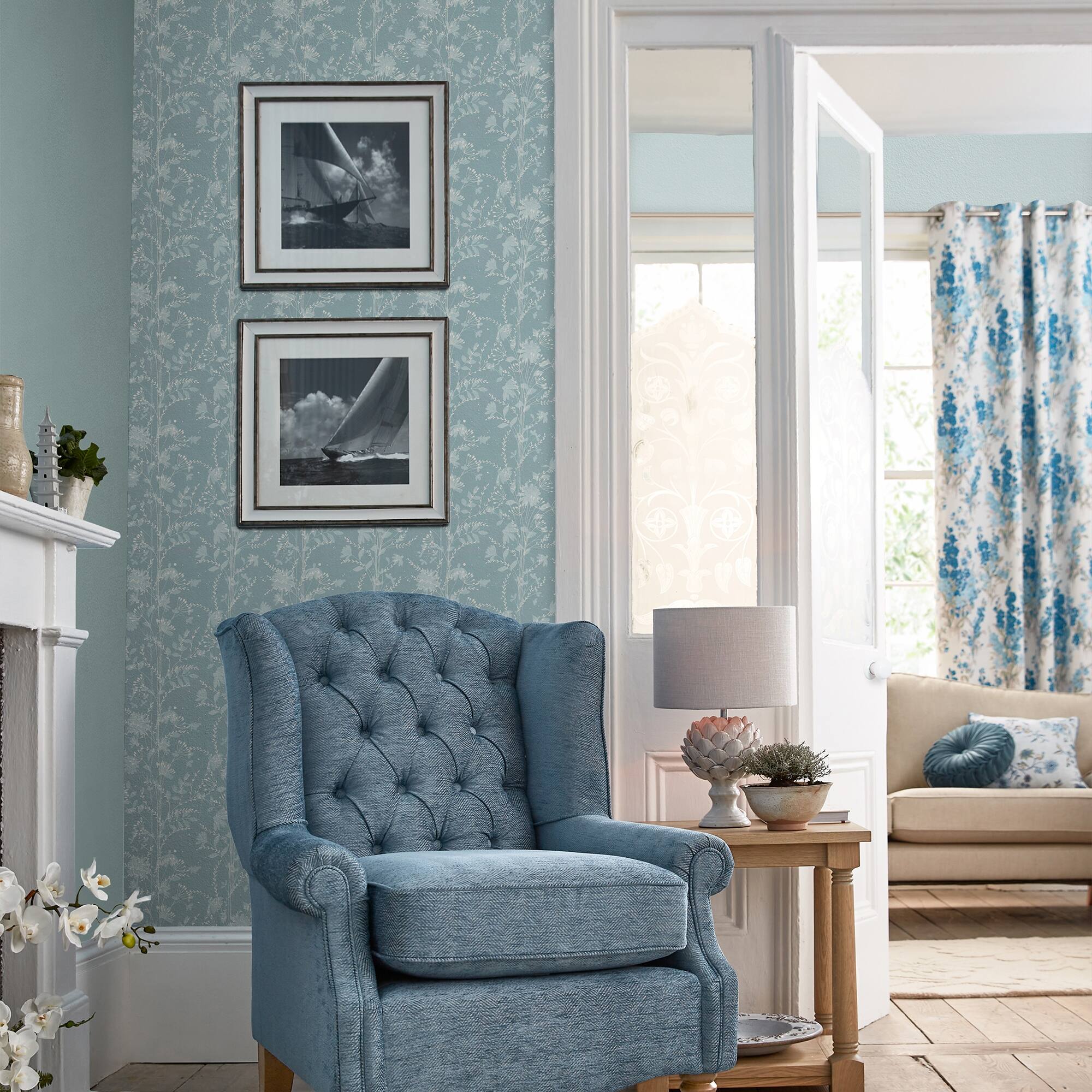 Laura Ashley Fennelton Pale Newport Blue Removable Wallpaper Bed Bath