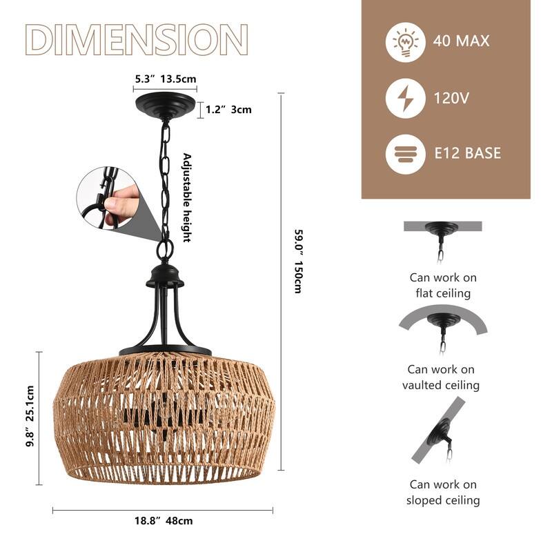19-Inch Handwoven Boho Pendant Light – Adjustable Jute Rope Shade with Natural Hemp Texture . - 19"