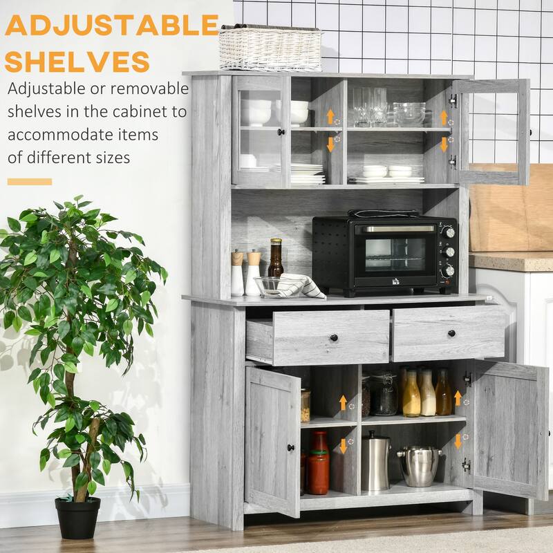 HOMCOM 63.5" Kitchen Buffet with Hutch, Pantry Storage Cabinet with 4 Shelves, Drawers, Framed Glass Doors