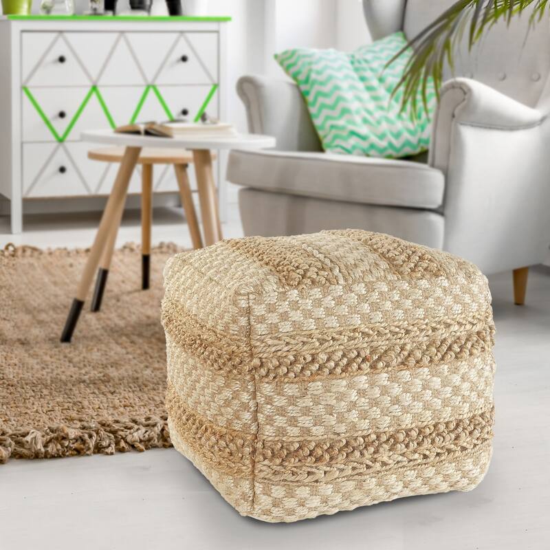 18" Cream and Brown Geometric Textured Square Pouf Ottoman