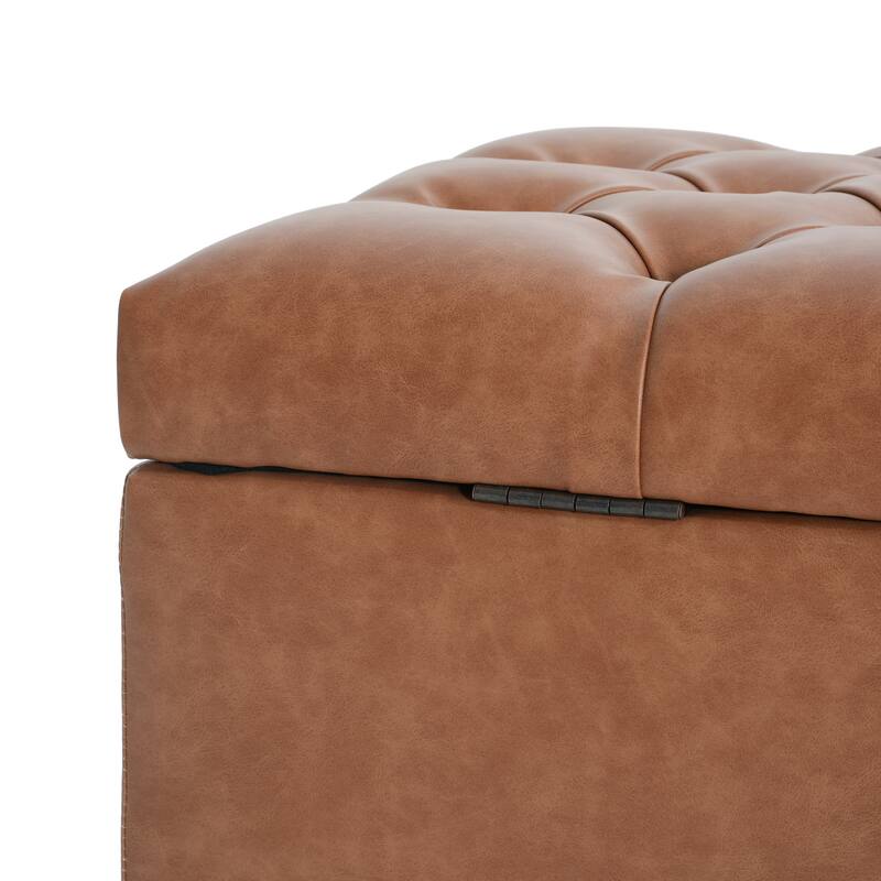 Upholstered Button Tufted Storage Ottoman, PU, Cognac Brown