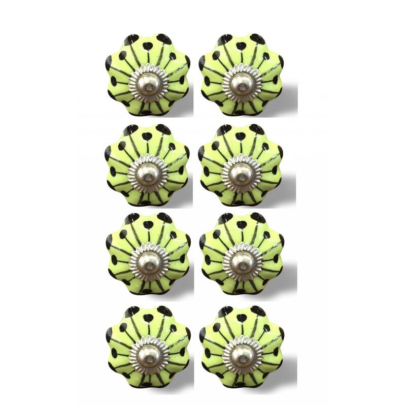 Set of 8 Ceramic Drawer Knobs Hand Painted Botanical Pulls in Lemon Black Silver for Cabinets - 1.5” x 1.5” x 1.5”