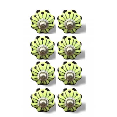 Set of 8 Ceramic Drawer Knobs Hand Painted Botanical Pulls in Lemon Black Silver for Cabinets - 1.5” x 1.5” x 1.5”