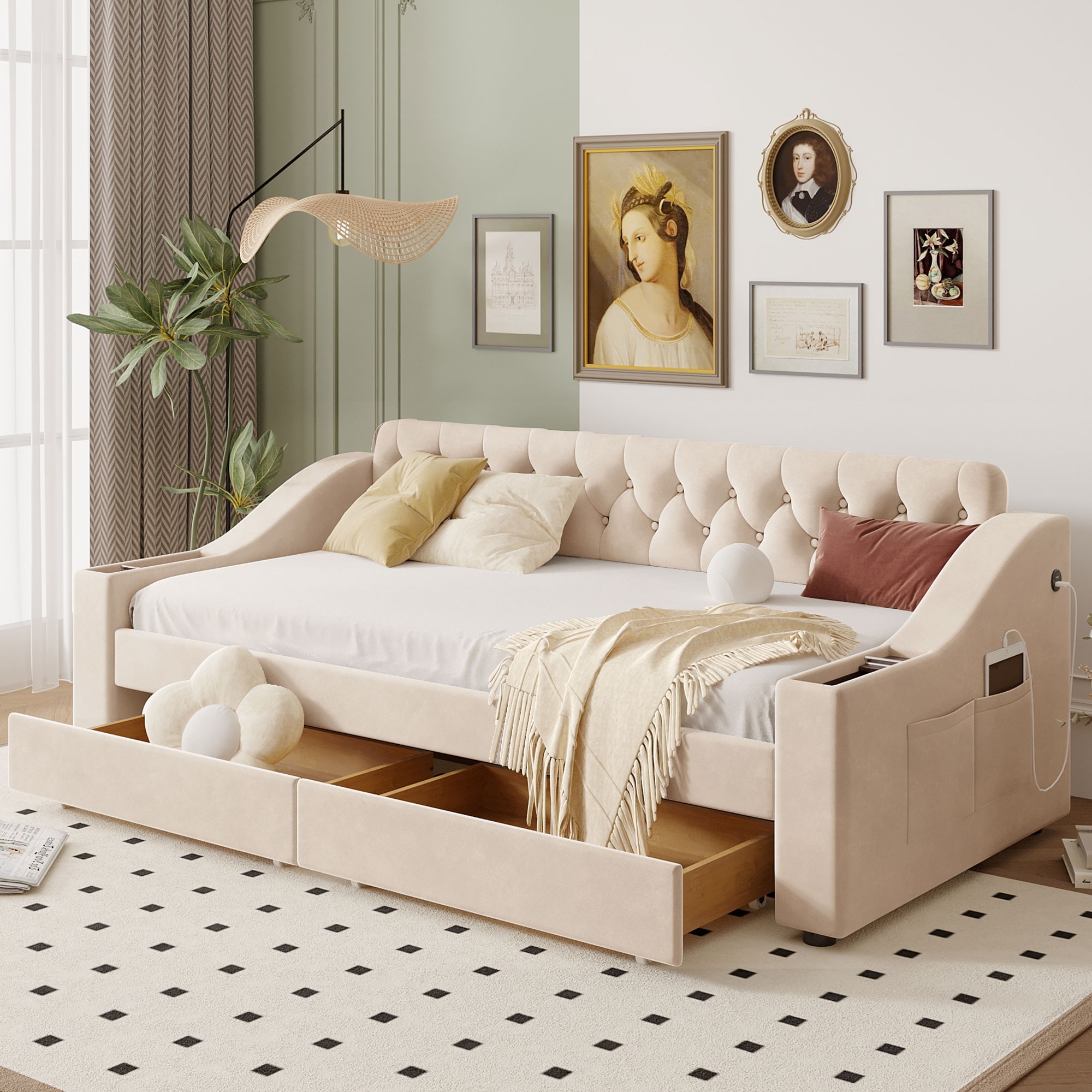 Button Tufted Velvet Daybed with 2 Large Storage Drawers, Built-in USB