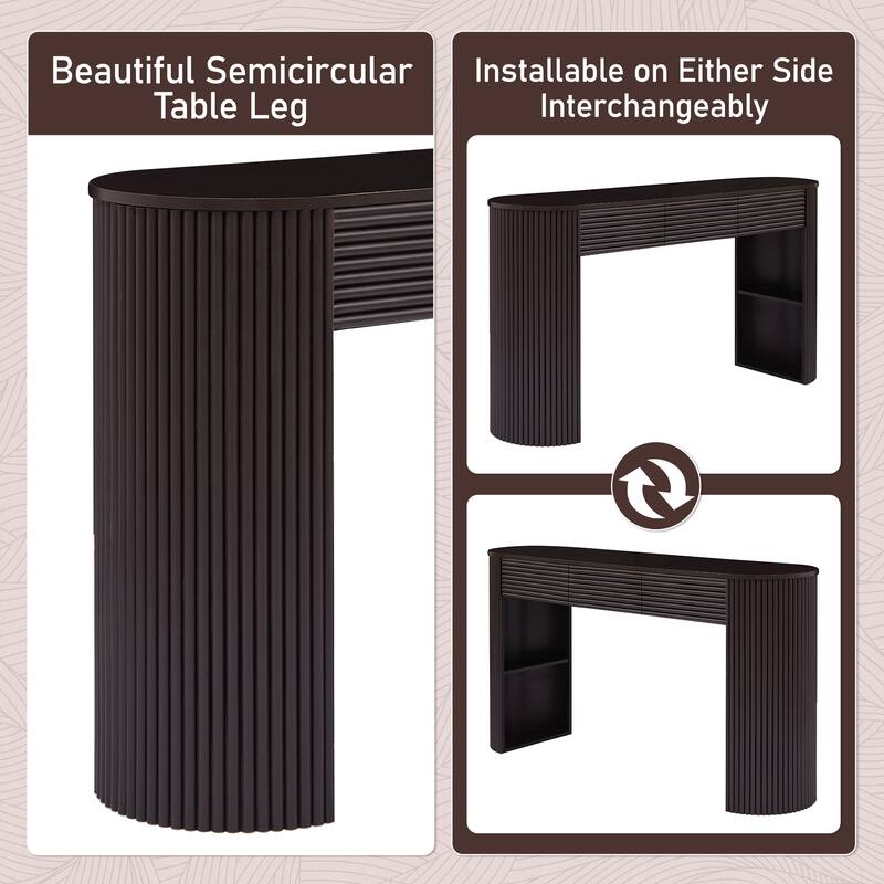 Retro Console Table with Storage, 3 Drawers, 1 Table-Leg Niche, Round Slat Aesthetic, Entryway, Living Room & Hallway