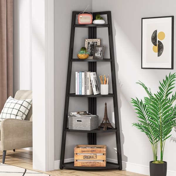 Brown/ Black Corner Ladder Shelf,5 Tier Corner Bookshelf Bookcase