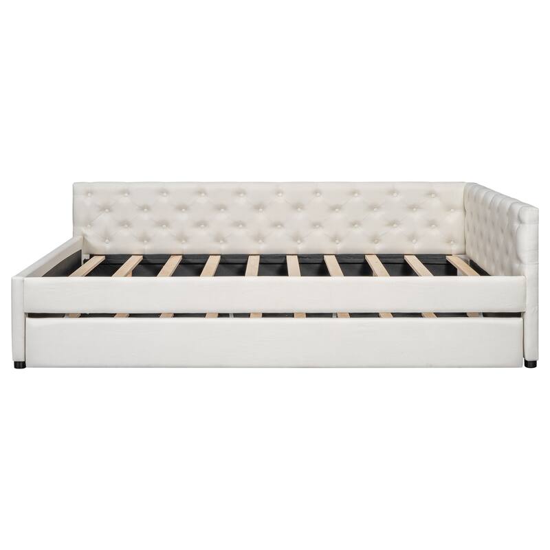Full XL Size Upholstered Platform Bed Frame with Trundle, Elegant Tufted Button Design and Extra Sleeping Space for Bedroom