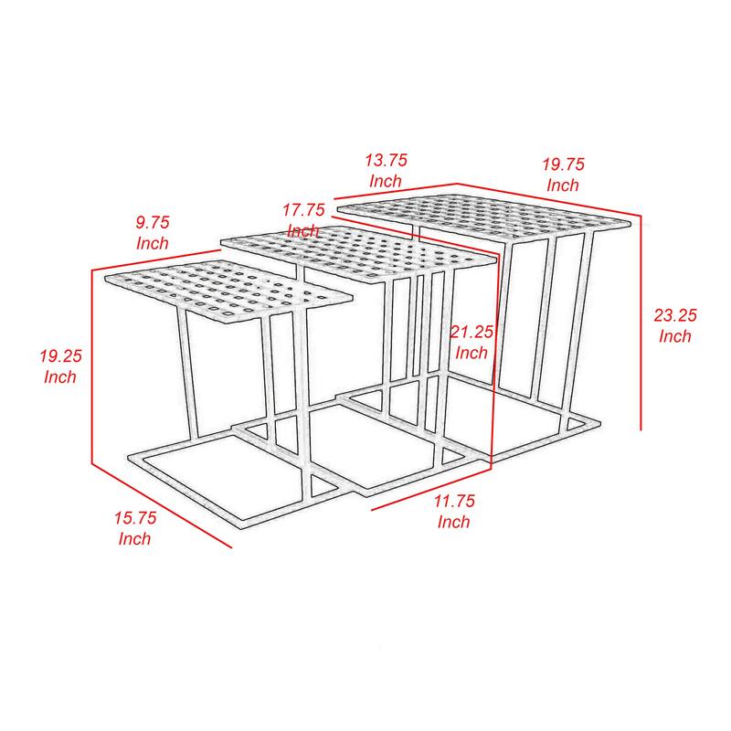 Set of 3 Plant Stand Side Tables, Rectangular Mesh Top, Black Metal Frame