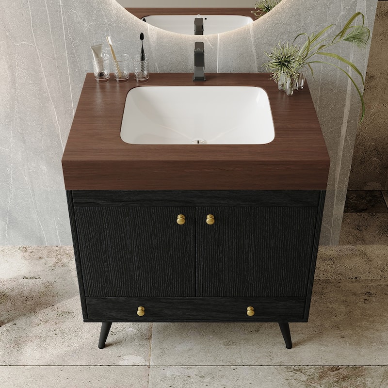 Contemporary 30" Freestanding Bathroom Vanity with Faux Marble Top & Ceramic Sink, Double Door Cabinet