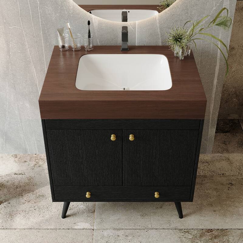 Free-standing Bathroom Vanity with Faux Marble Top & Ceramic Sink, 30" Double Door Storage Cabinet, Waterproof Engineered Wood