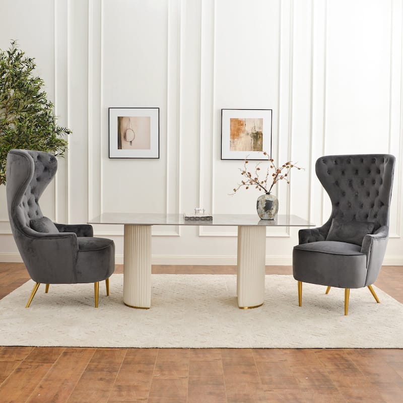 KINWELL Tufted High Wingback Accent Chairs Velvet Armchairs, Set of 2 - Grey