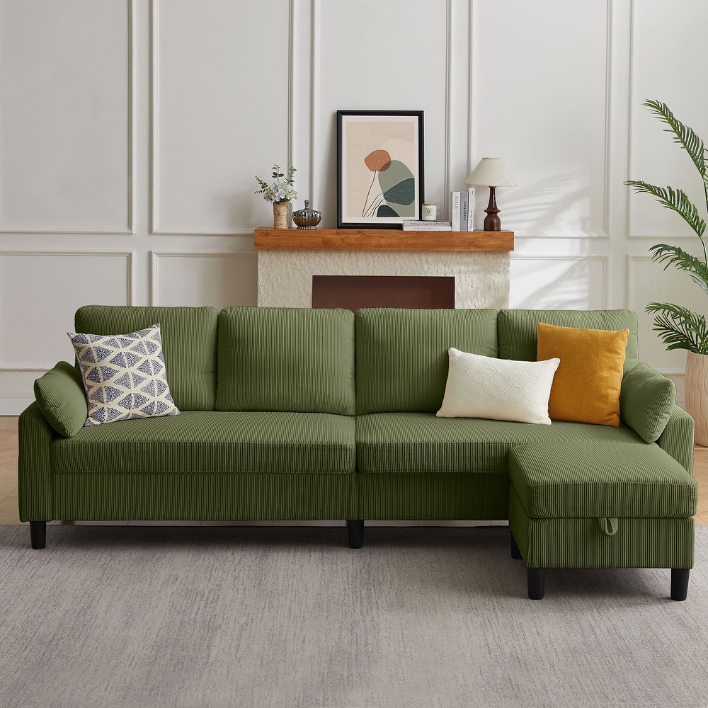 101'' Corduroy Upholstered Sectional Sofa With Storage Ottoman