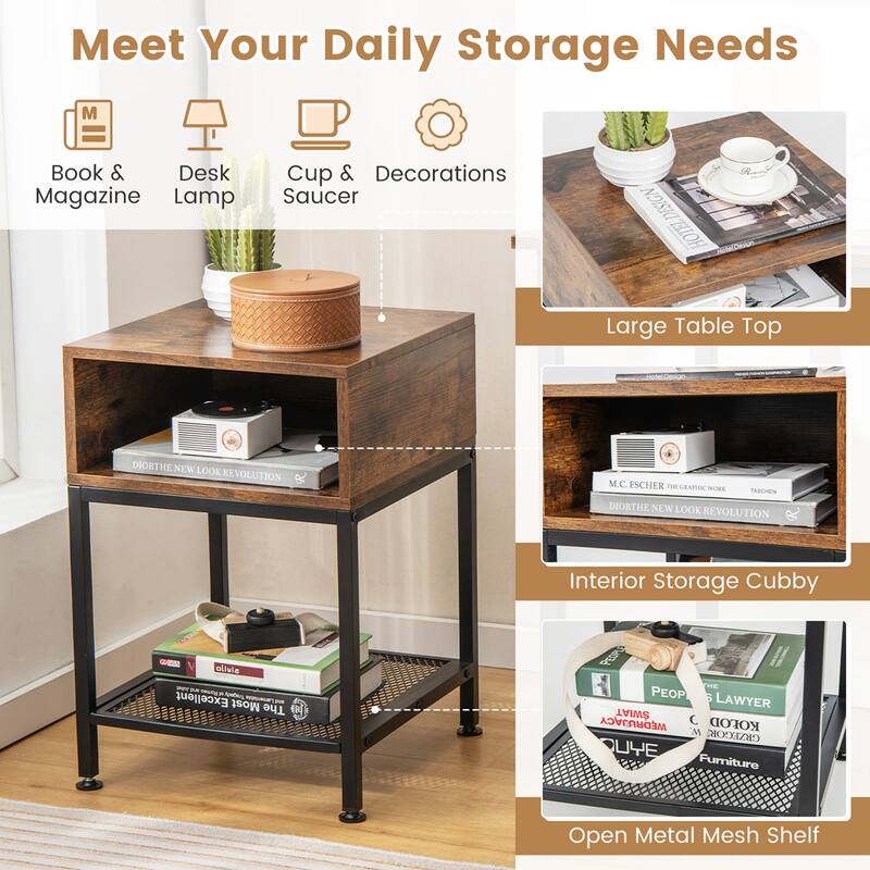 2 PCS 3-tier Wood Top End Table w/ Metal Frame Storage Cube & Mesh - See Details
