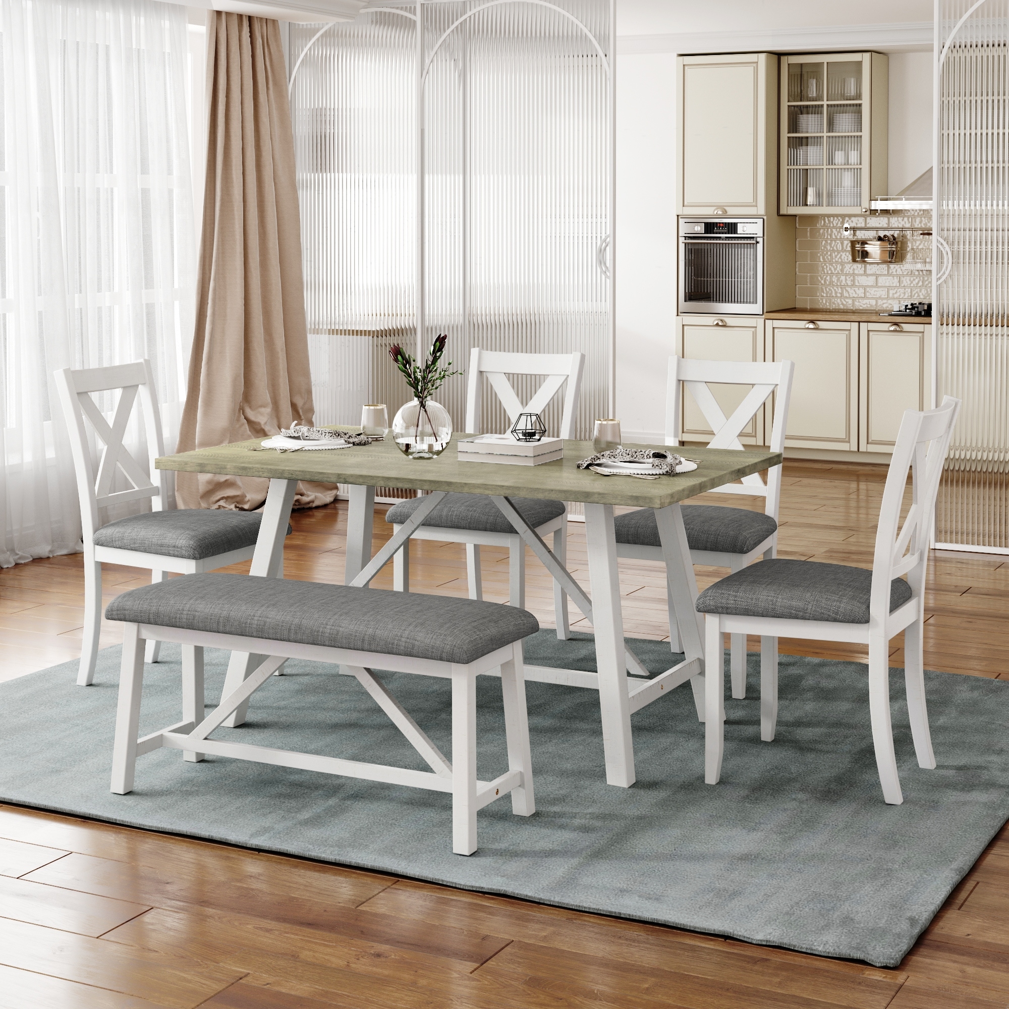6 Piece Dining Table Set with Bench and 4 Chairs Bed Bath