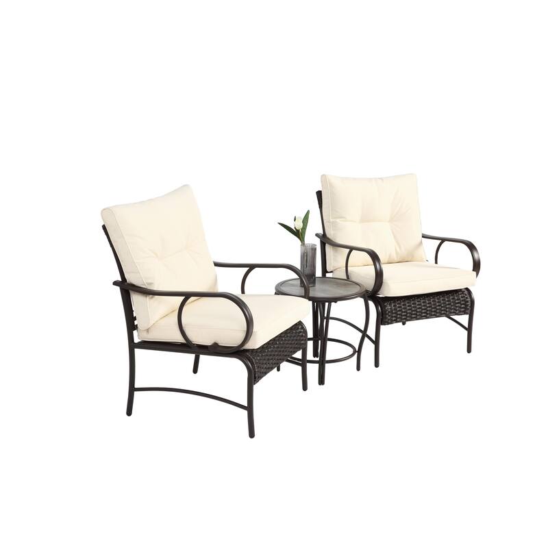 3 Piece Outdoor Steel Frame Furniture Set, Patio Rattan Conversation Chairs Set with Glass Coffee Table and Removable Cushions