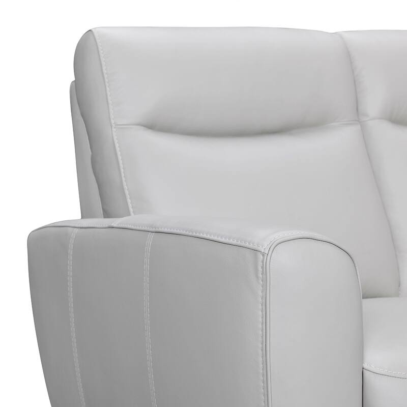 Reysa Sofa, Soft Dove Gray Leather Cushions, Brown Wood, 83 Inch