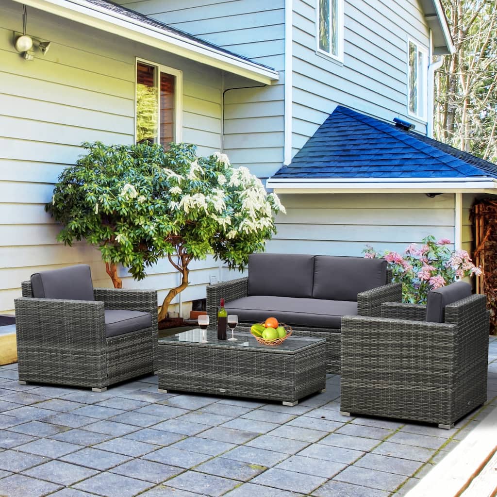 Outsunny 4-Piece Patio Furniture Set with Back Support, Thickly Cushioned PE Rattan Patio Furniture Set