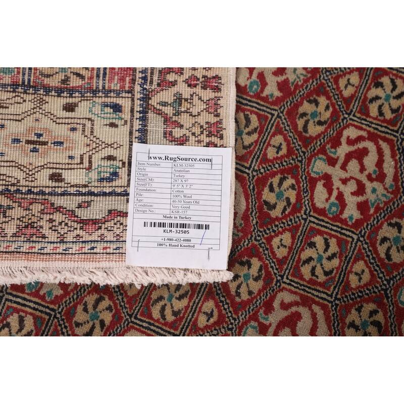 Red Anatolian Turkish Vintage Runner Rug Handmade Wool Carpet - 3'2" X 9'5"