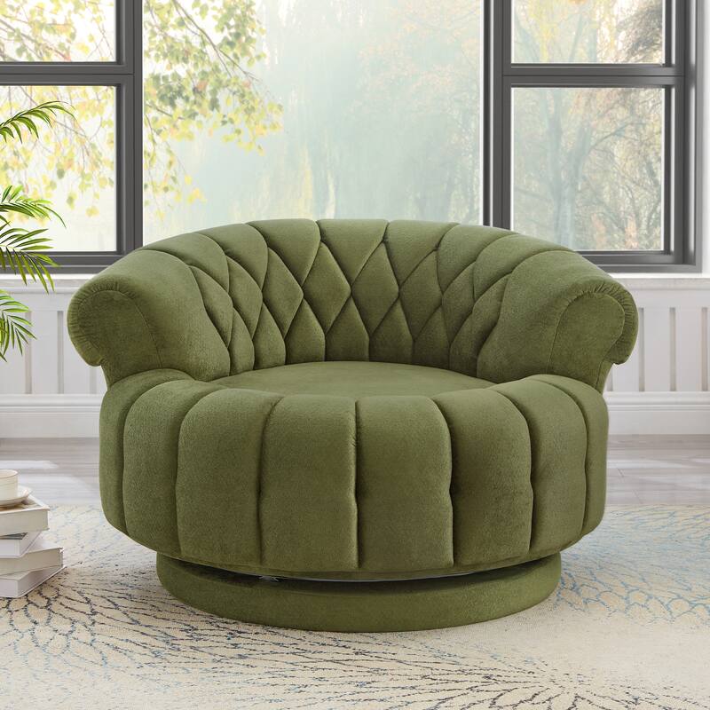 Roomfitters 46 Inch Oversized Round Barrel Swivel Accent Chair with Channel Tufting, Chenille - Green