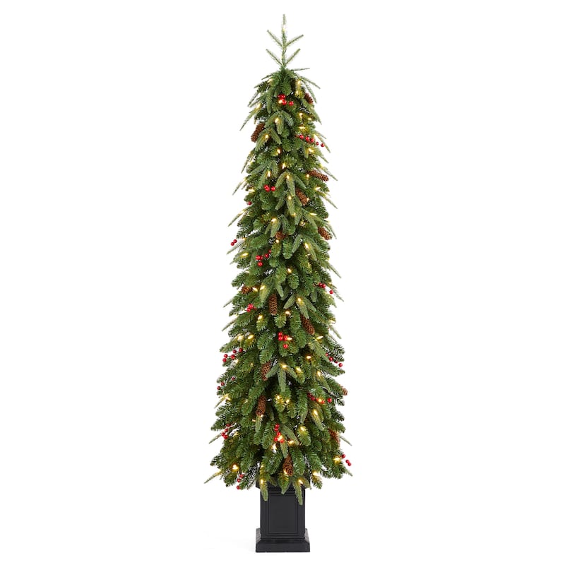 Glitzhome 4ft/6ft/7ft Pre-lit Green Artificial Christmas Porch Tree with Red Berries,Pinecones and 100 Warm White Lights