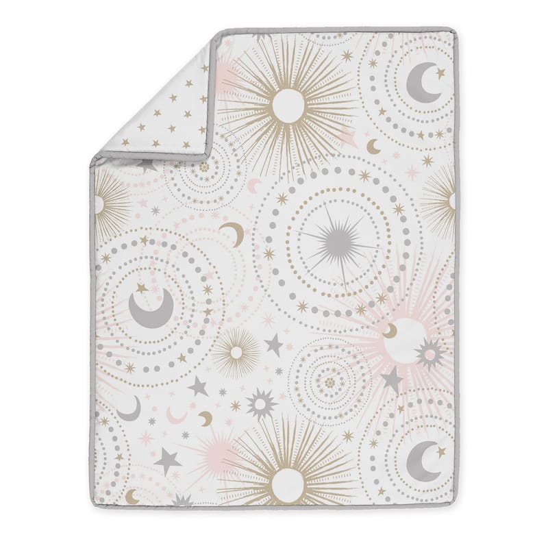 Sweet Jojo Designs Blush Pink Gold Star and Moon Girl 3pc Mini Crib Bedding Set Grey Celestial Sky Stars Gray Shabby Chic