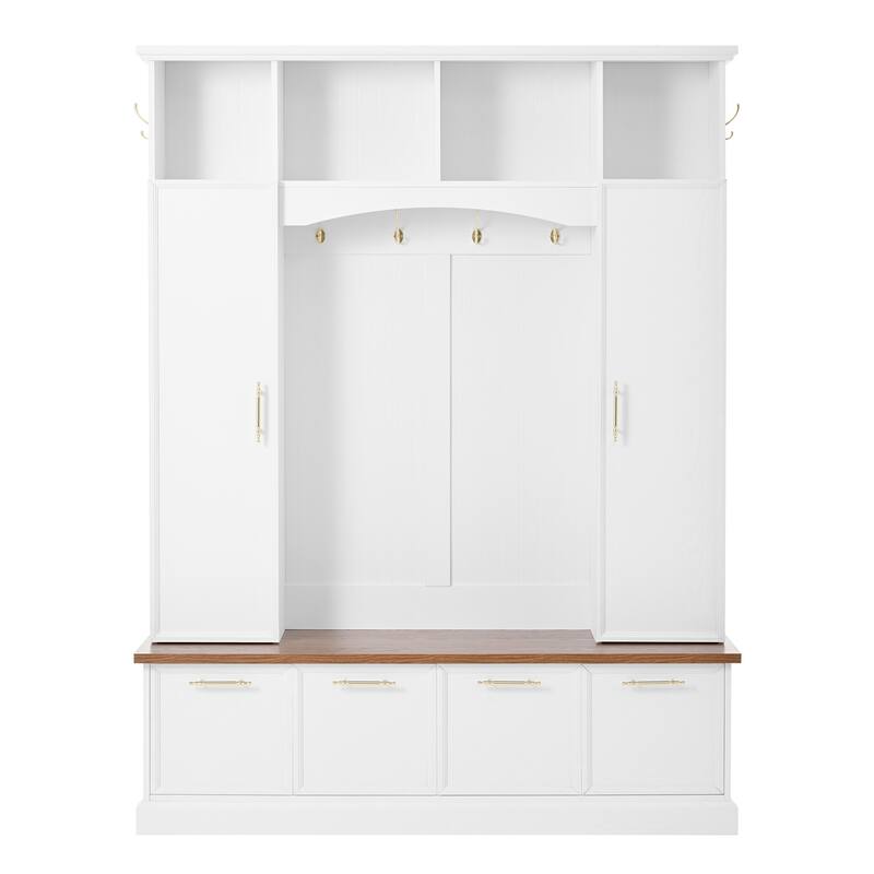 59" Farmhouse Hall Tree - 4-in-1 Entryway Bench with Golden Hooks, Adjustable Shelves & Shoe Storage