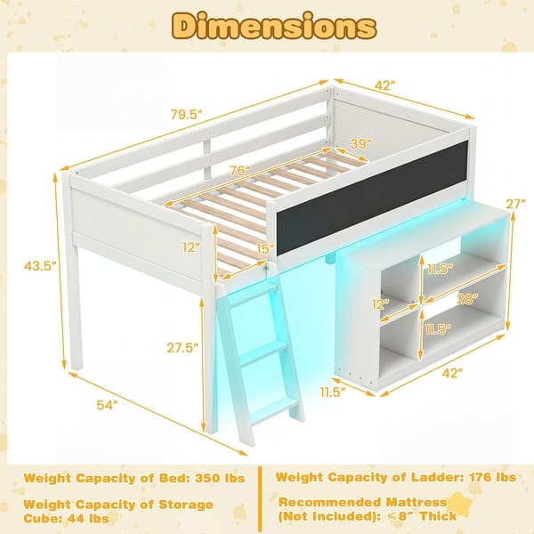 dimension image slide 0 of 2, Gymax Kids Loft Bed w/LED Lights Chalkboard & Removable Bookcase