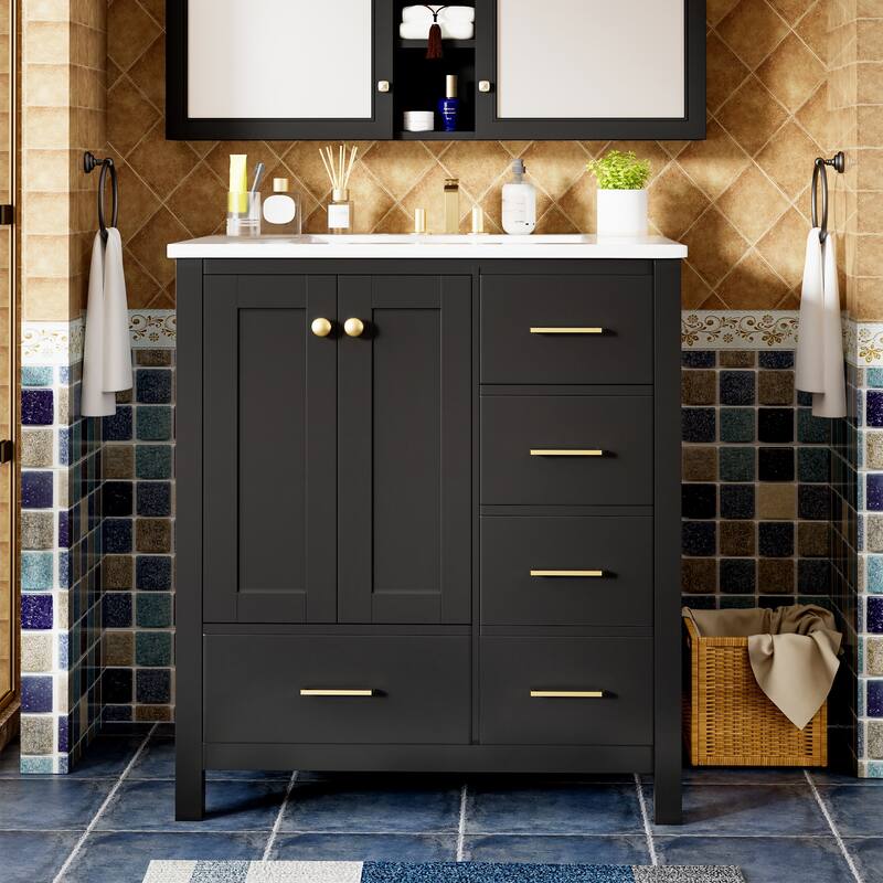 30" Freestanding Bathroom Vanity with Ceramic Sink, Solid Wood Frame & 4 Drawers for Ample Storage