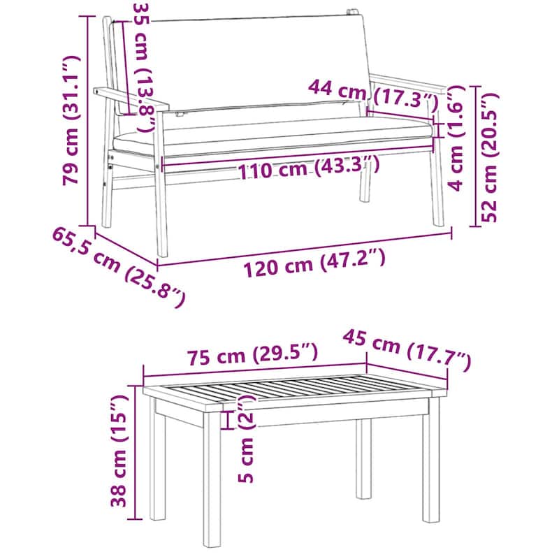 vidaXL 3 Piece Garden Sofa Set with Cushions Solid Wood Acacia - 29.5 x 17.7 x 15