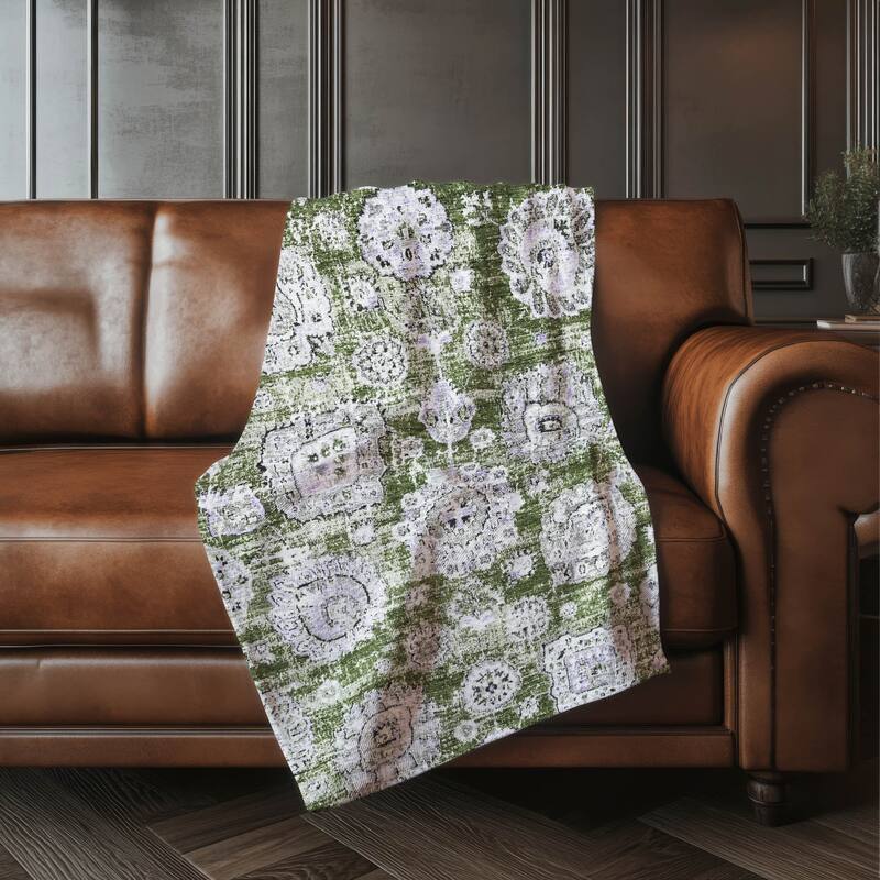 Premium Machine Washable Vintage Persian Sherpa Throw Blanket - Olive - 4'2" x 5'10"