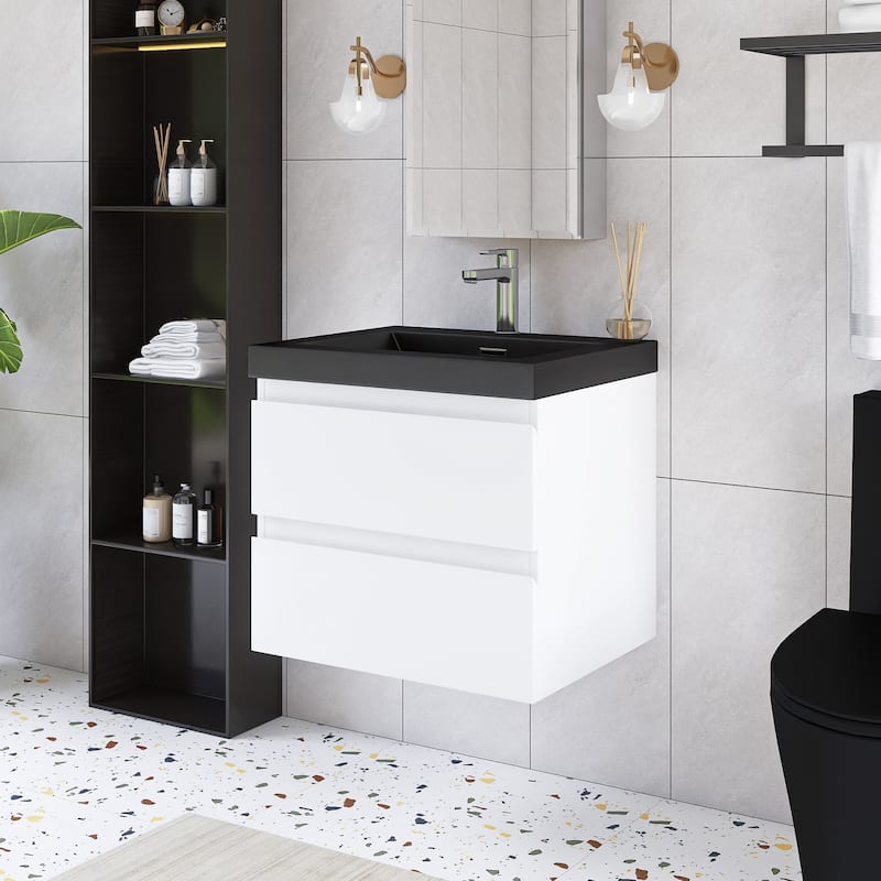 24/30/36 inch Wall-Mounted Bathroom Vanity Set in White with Integrated Black Resin Sink