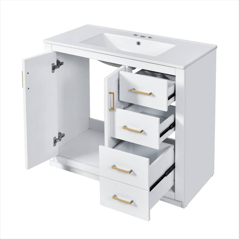36'' Freestanding Bathroom Vanity with Sink, Solid Wood Frame, 3 Drawers
