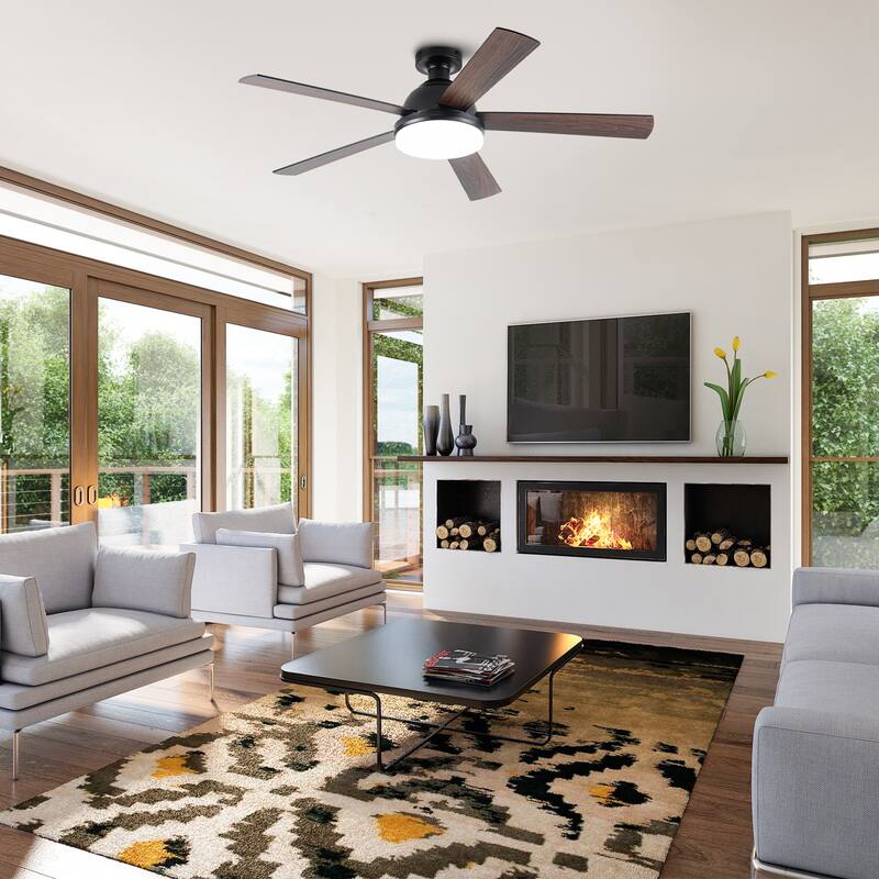 52" Rustic Plywood Reversible Flush Mount Smart Dimmable Ceiling Fan with Light and APP Control