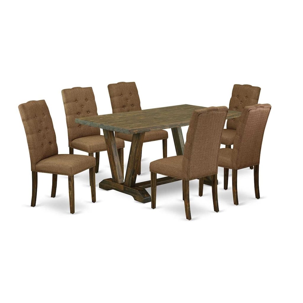 HomeStock 7-Pc Rectangle Natural Oak Finish Solid Wood Top Dining Table with 6-Chairs
