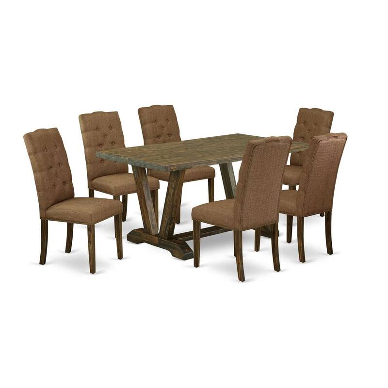 Modern 7 Piece Dining Set - Rectangle Table & 6 Linen Fabric Chairs - 36x60 Inch - Multi-Color - 60