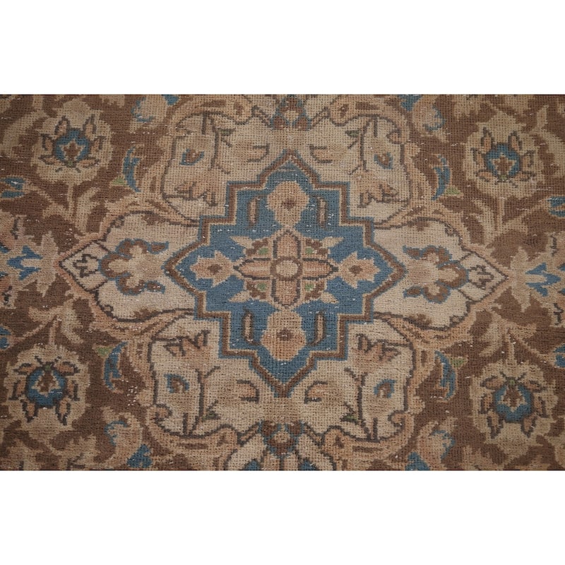 Distressed Mashad Persian Vintage Rug Hand-Knotted Pink Wool Carpet - 9'7"x 12'10"