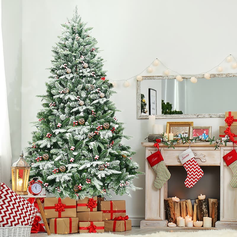 Costway 6.5Ft Pre-lit Snow Flocked Hinged Artificial Christmas Spruce - 6.5 FT