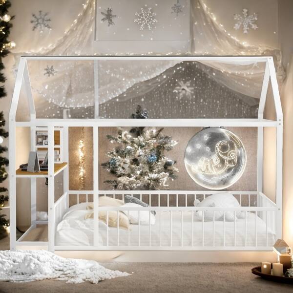 slide 2 of 19, White Metal Full Size Floor Bed with Functional Desk, Kids Bed with Storage Shelf